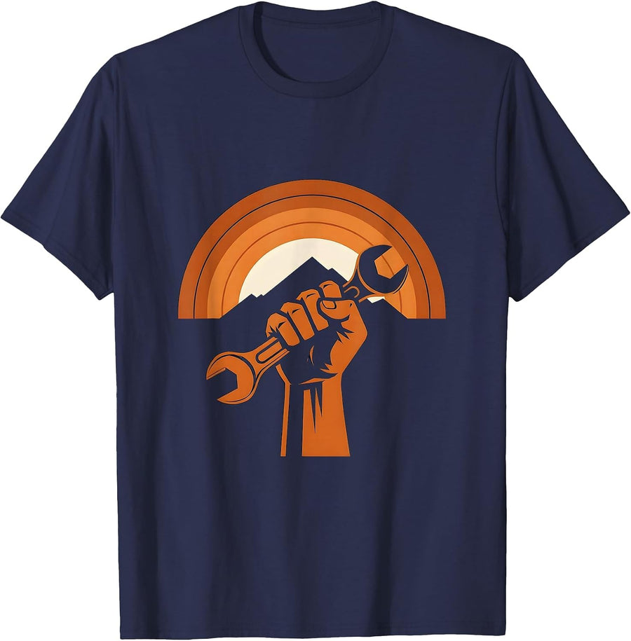 Labor Day Muscular Fist Wrench Graphic Tee T-Shirt - Navy Blue