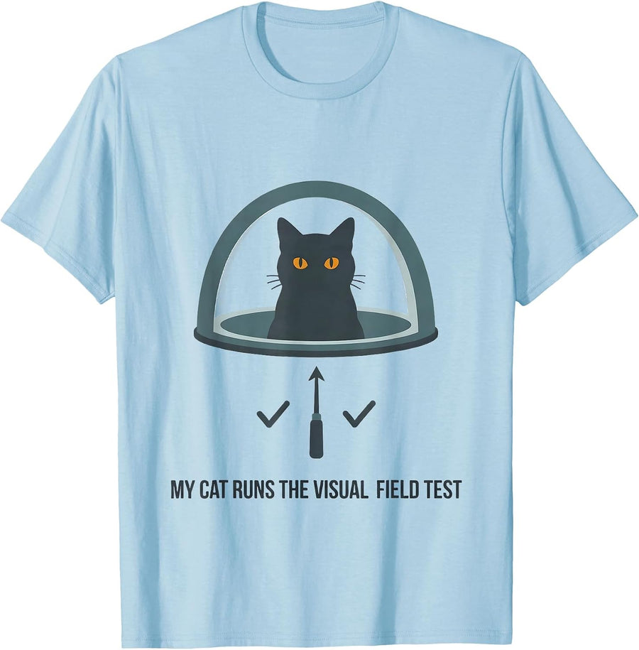 Men's My Cat Runs The Visual Field Test Funny Optometrist Cat T-Shirt - Baby Blue
