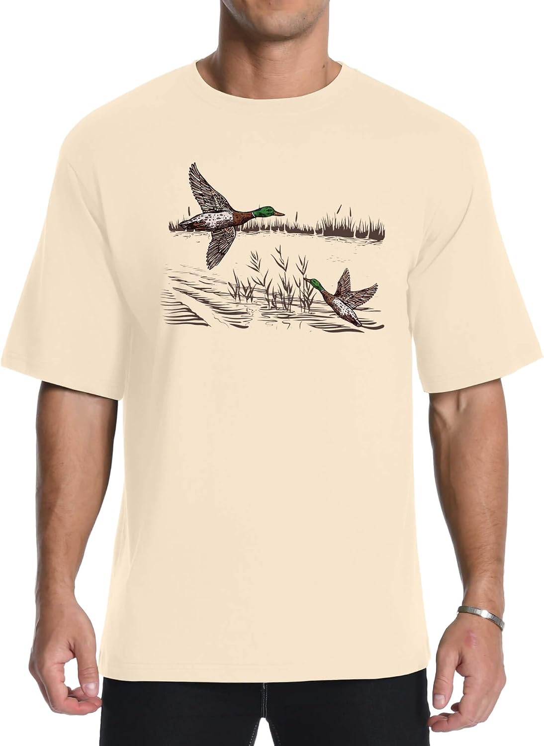 Aiyino Men's Wild Duck Graphic T-Shirt – Retro Mallard Print Tee - Apricot