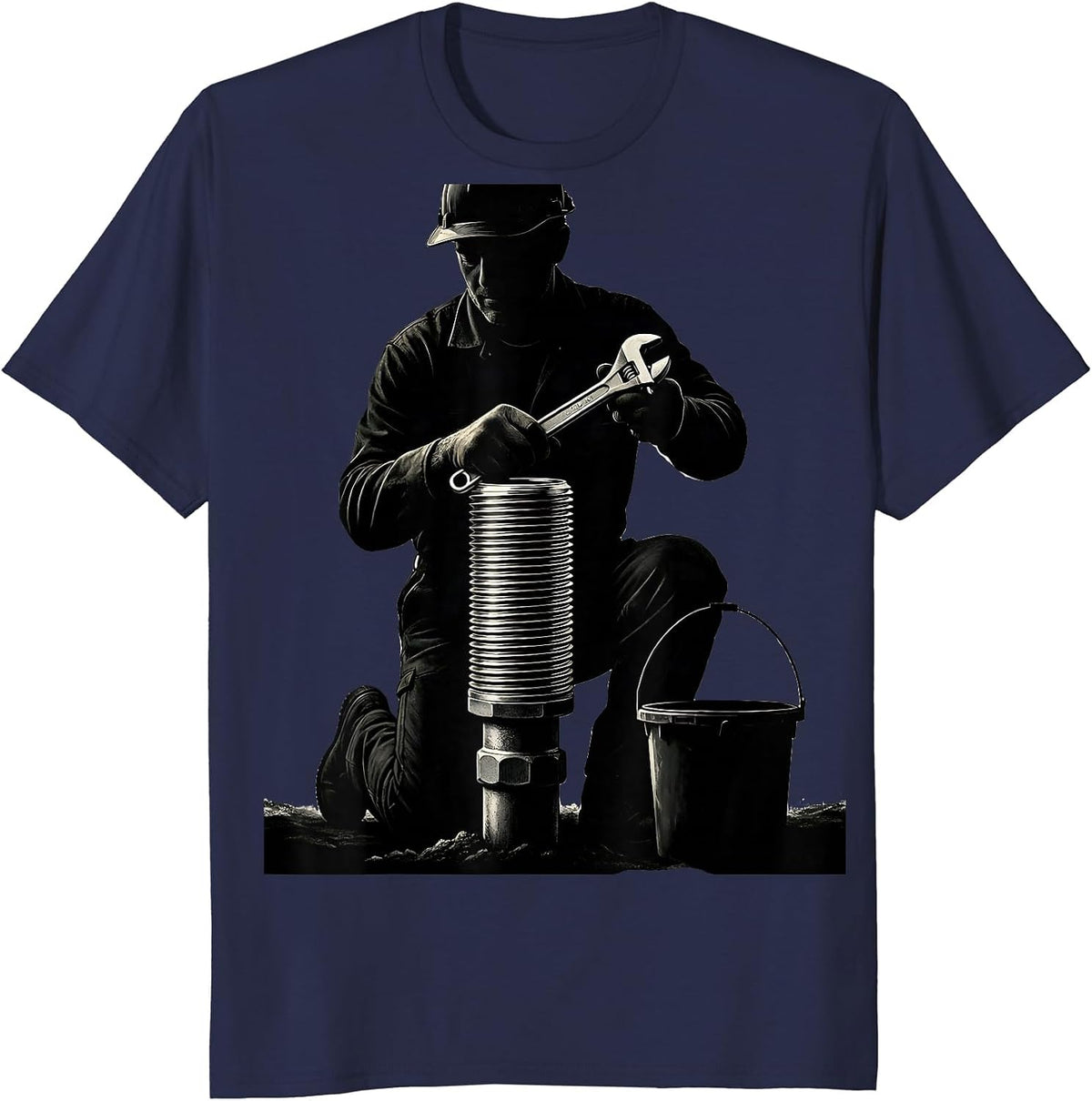 Kneeling Plumber Pipefitter Steamfitter Humor T-Shirt - Navy Blue