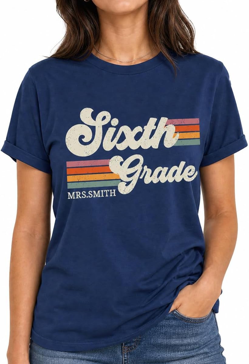 Personalized Grade and Name Retro Horizontal Stripes Teacher T-Shirt - Navy