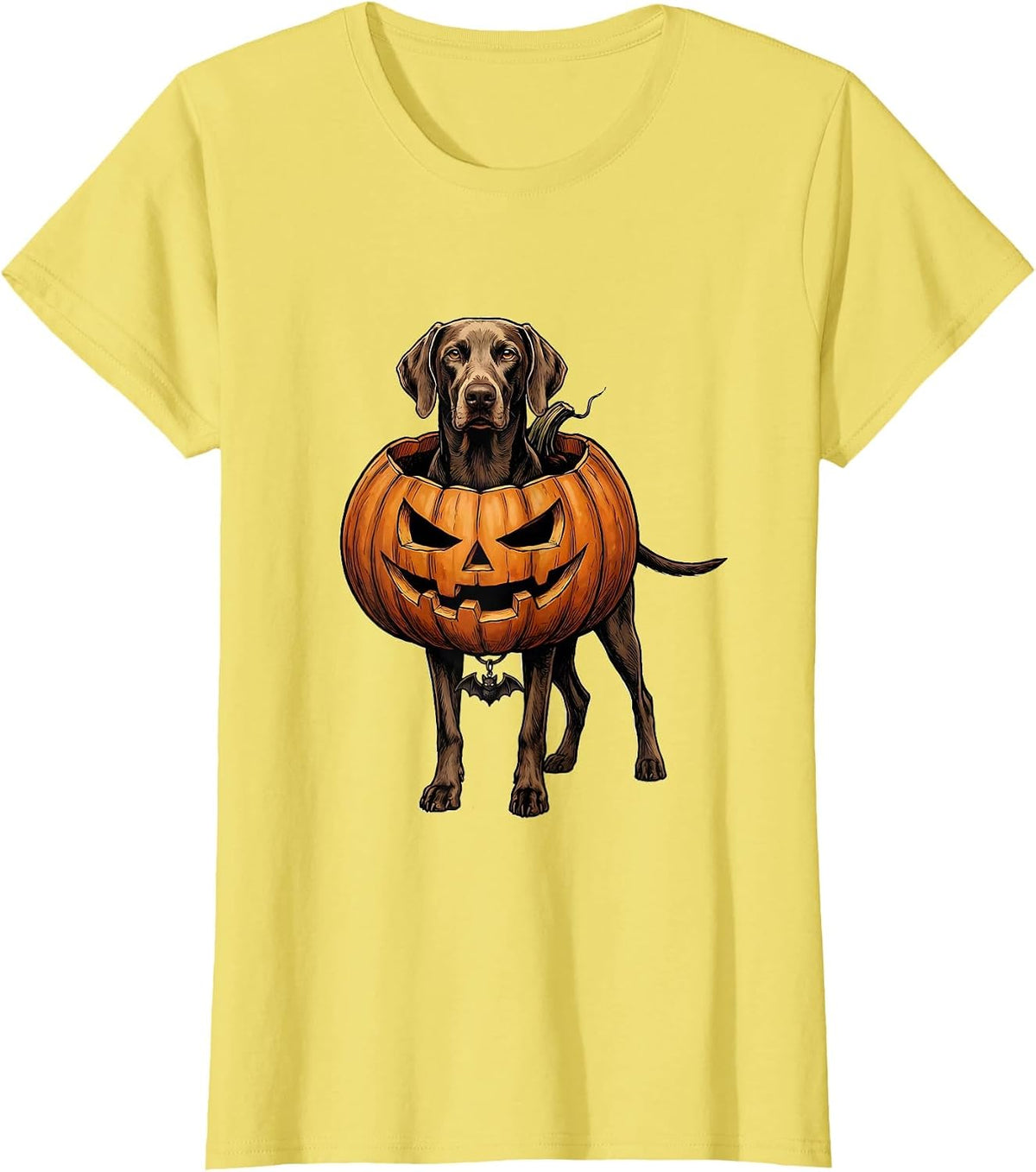 Women's Sleek Weimaraner Hollowed Pumpkin Halloween Dog Lover Humor T-Shirt - Lemon Yellow