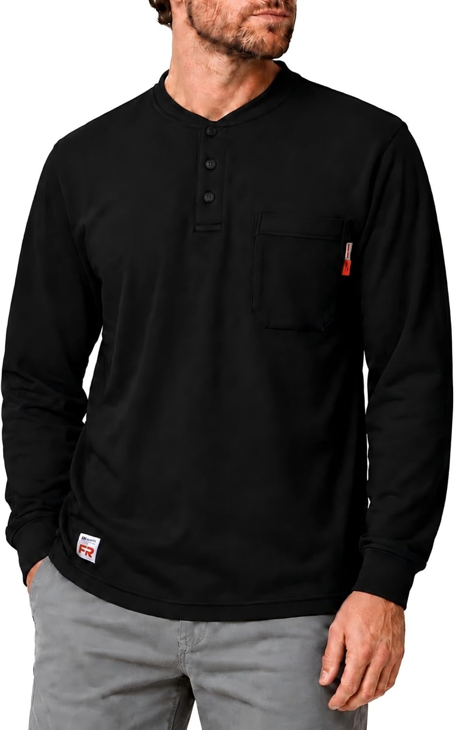 GloWave Men's FR Shirts, 6oz Long Sleeve Flame Resistant Henley Shirts - Black