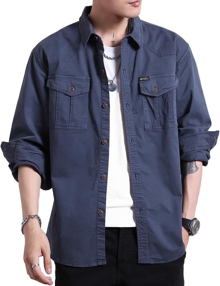 Men's Multi Pockets Work Shirts Relaxed Fit Cotton Button Down Long Sleeves Shirts - Blue