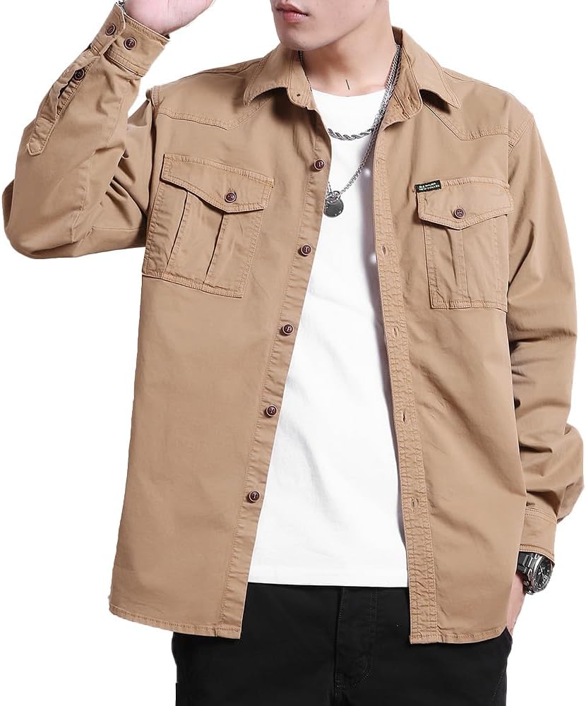 Men's Multi Pockets Work Shirts Relaxed Fit Cotton Button Down Long Sleeves Shirts - Khaki