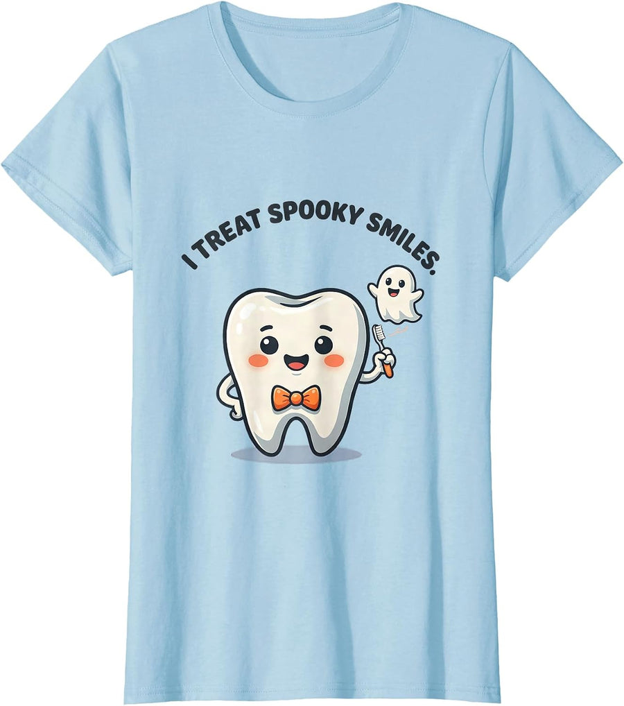 Women's I Treat Spooky Smiles Cute Kawaii Halloween Dentist Dental T-Shirt - Baby Blue