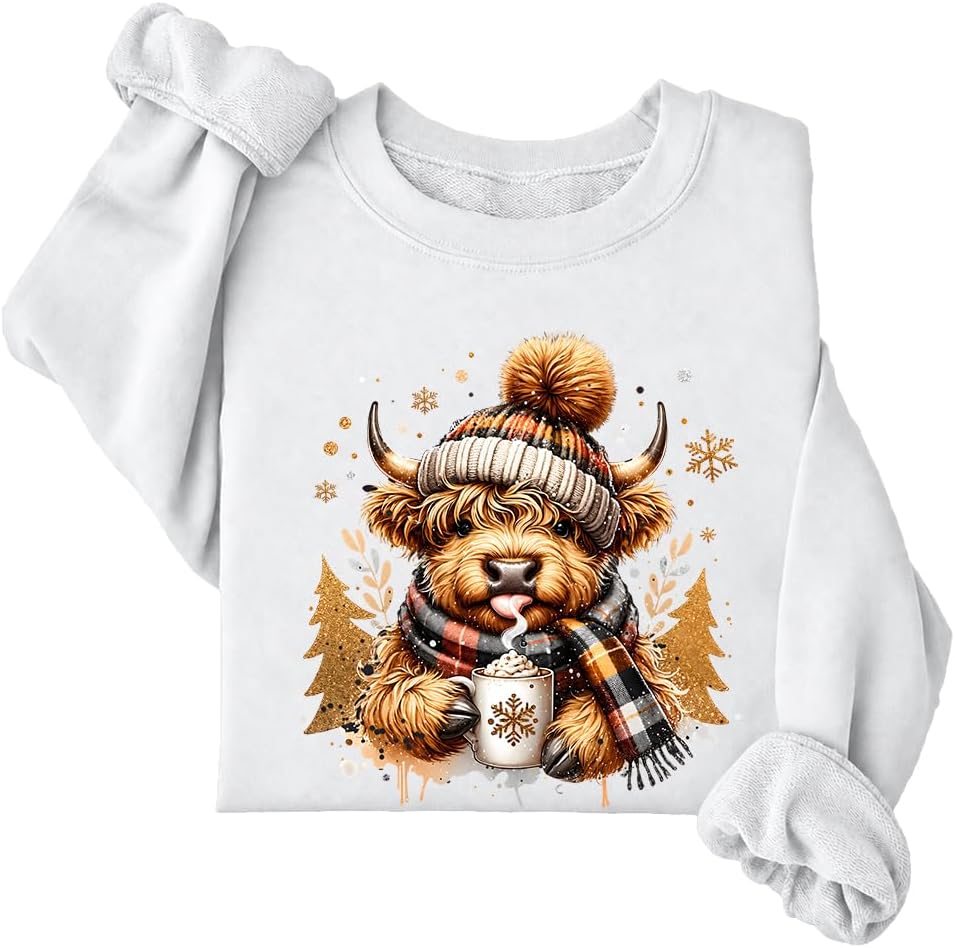 Highland Cow Sweatshirt Cute Christmas Cow Crewneck Long Sleeve - Crew Neck White-1