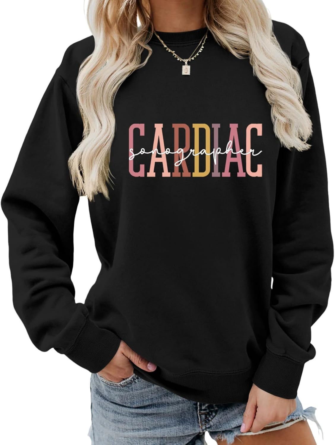 Cardiac Sonographer Sweatshirt Echocardiographer Nurse Sweater Women Casual Long Sleeve Crew Neck Pullover Tops - Black
