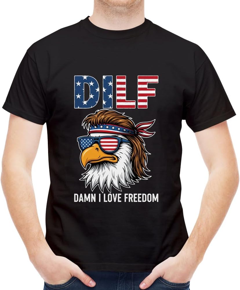 Trendy Pattern Men's Short Sleeve Unique Crew Neck T-Shirt - Dilf Damn I Love Freedom Eagle