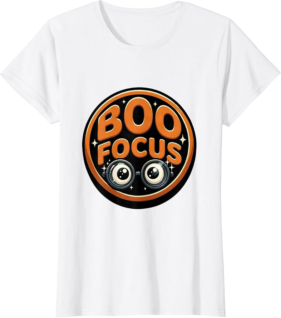 Women's Boo Focus Cartoon Halloween Optometrist Eye Doctor Humor T-Shirt - White