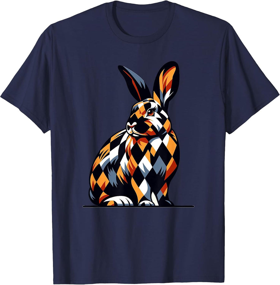 Rabbit Lovers Graphic Tee Harlequin Rabbit T-Shirt - Navy Blue
