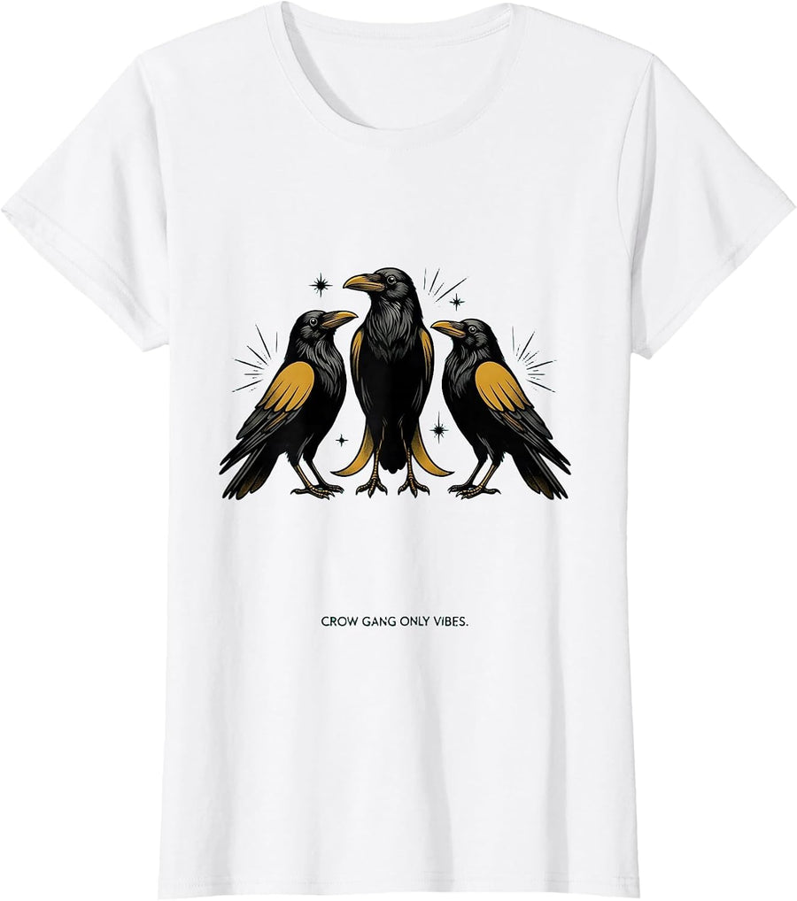 Women's Crow Gang Only Vibes Dark Bird Crew Design T-Shirt - White