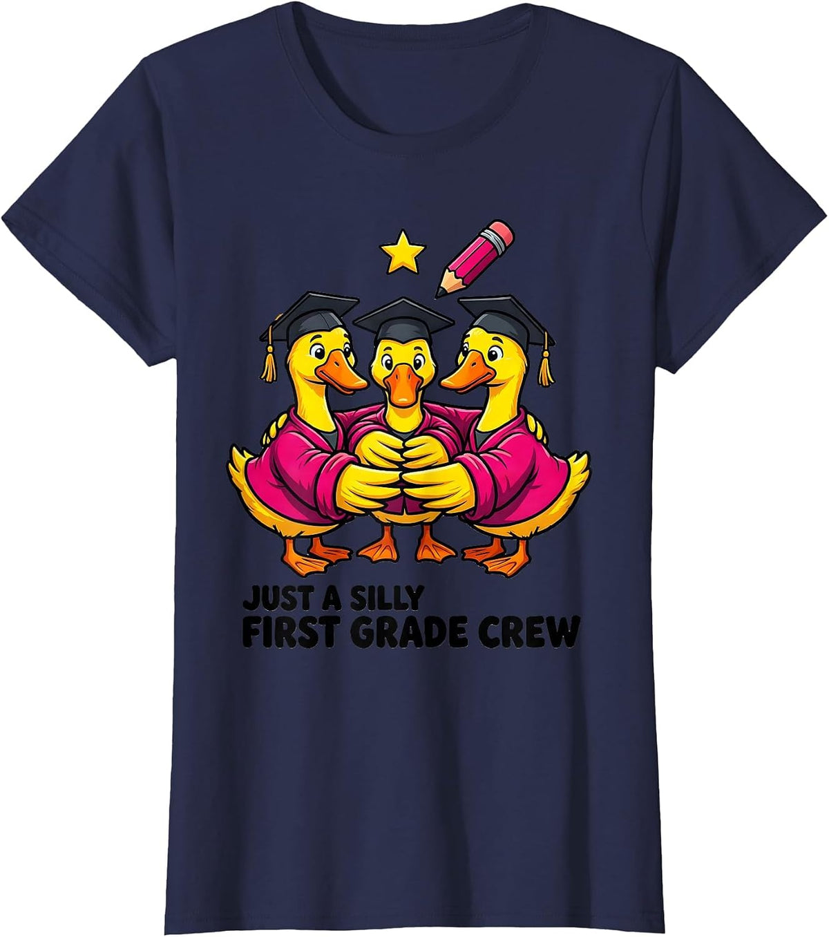 Women's Just A Silly First Grade Crew Funny First Grade Teacher Back T-Shirt - Navy Blue