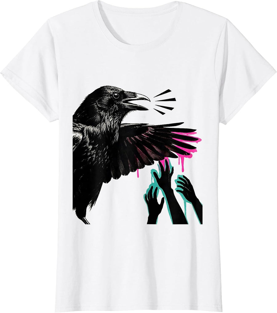 Women's Crow Silhouette Dark Humor Gothic Halloween T-Shirt - White