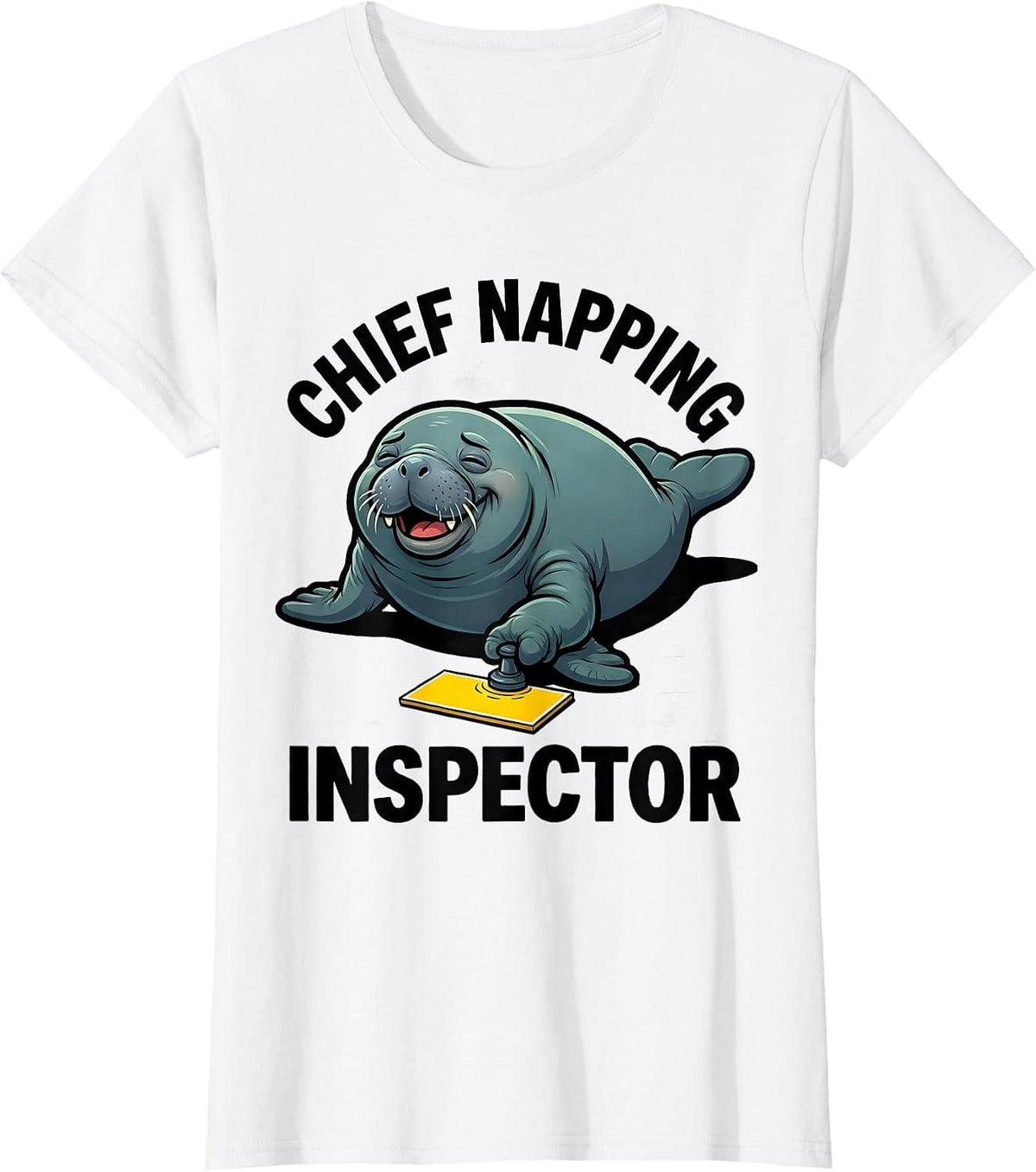 Chief Napping Inspector Funny Manatee Wildlife Lover Cartoon T-Shirt - White