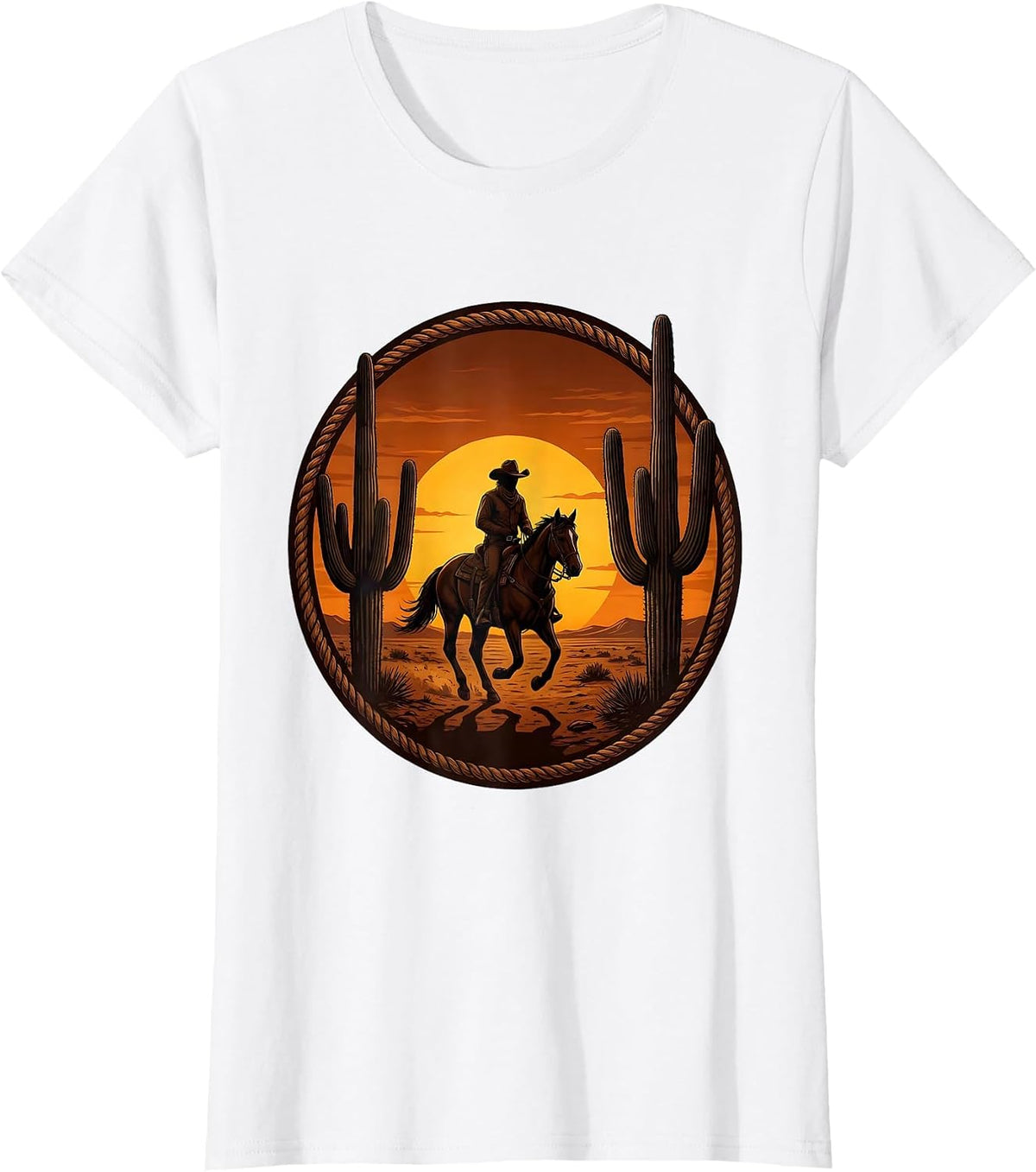 Cowboy Riding Horse Cactus Sunset Silhouette T-Shirt - White