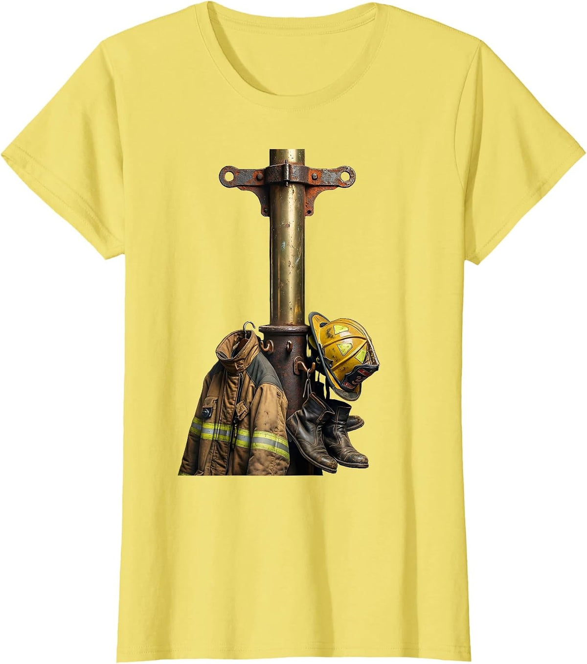 Firehouse Pole with Gear Firefighter Graphic T-Shirt - Lemon Yellow