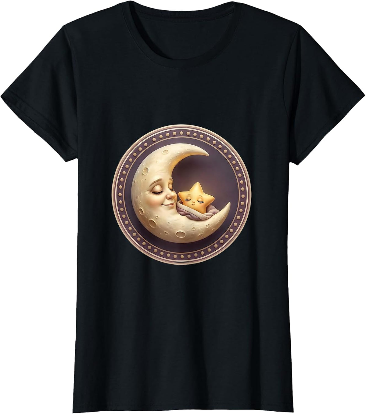 Crescent Moon Tucking In Sleepy Star Cute Design T-Shirt - Black