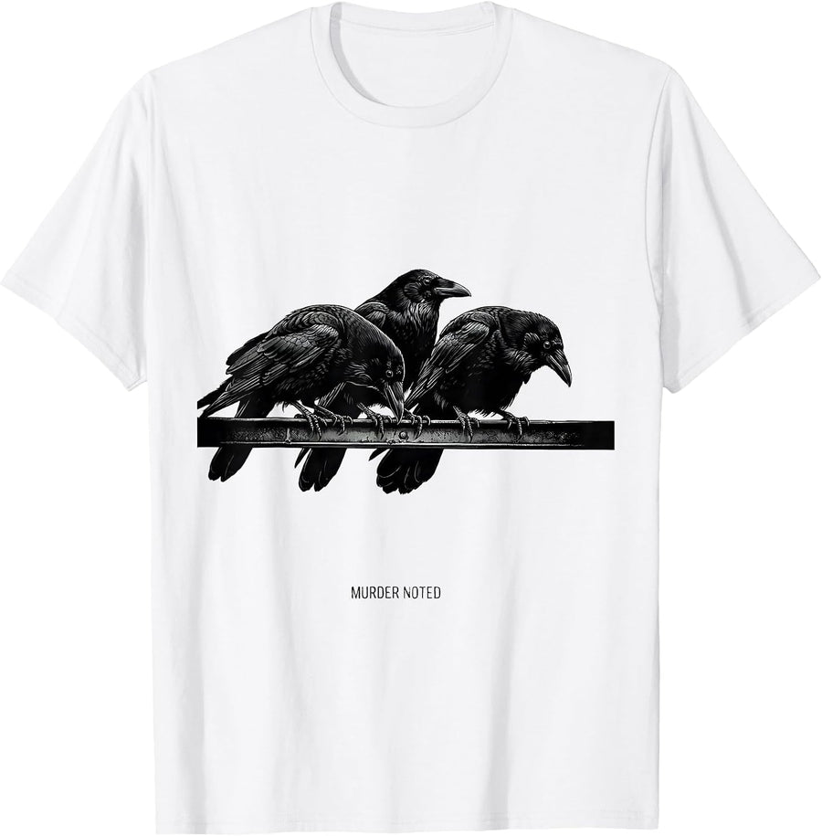 Men's Murder Noted Monochromatic Crow Dark Humor Gothic Bird Lover T-Shirt - White