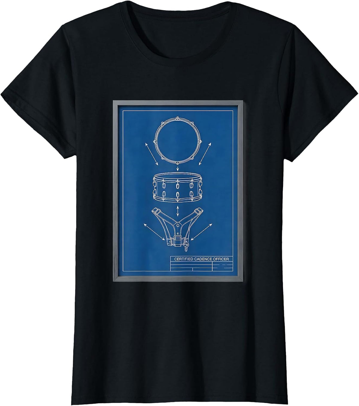 Certified Cadence Officer Technical Blueprint Drummer Humor T-Shirt - Black
