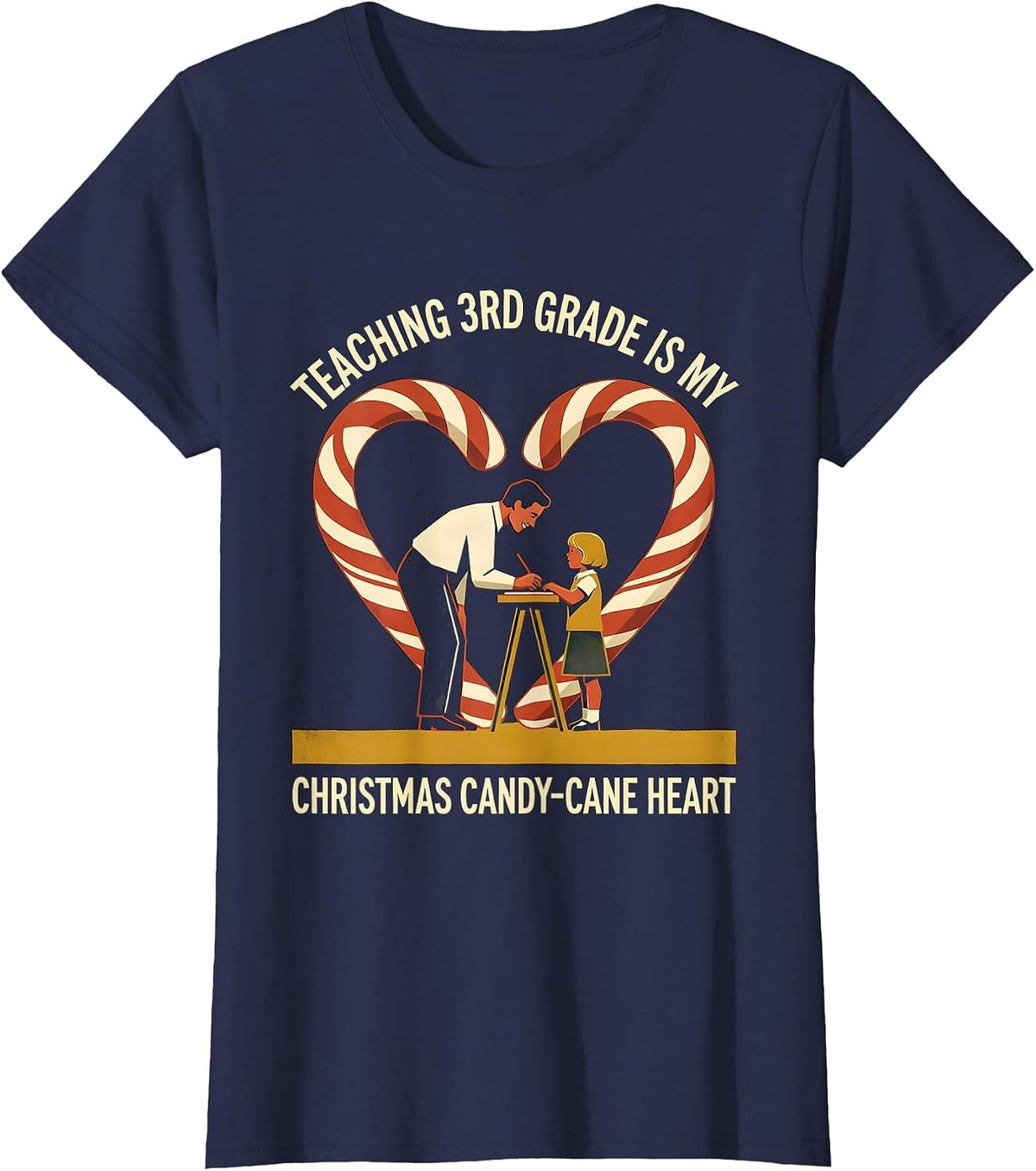 Women's Teaching 3rd Grade Is My Christmas Candy-Cane Heart Teacher T-Shirt - Navy Blue