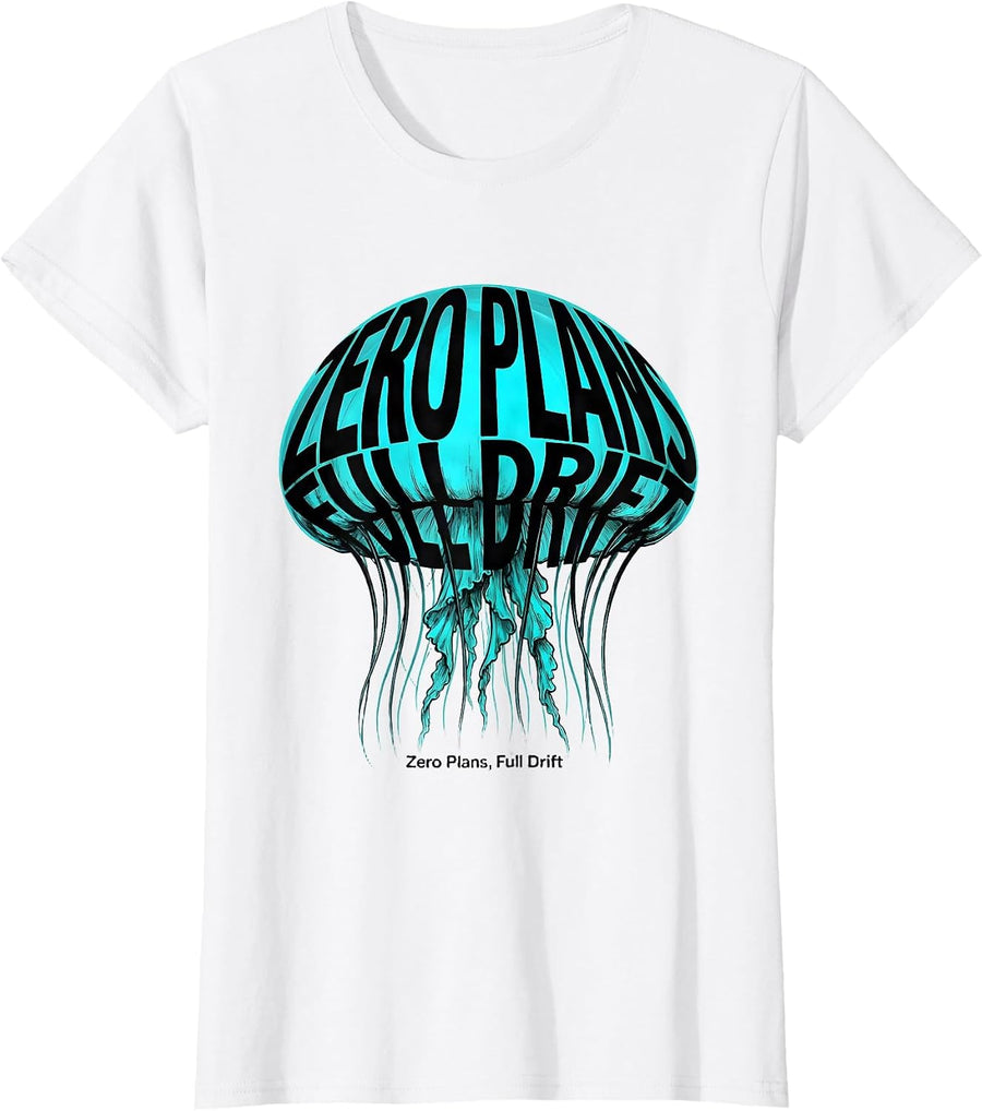 Women's Zero Plans Full Drift Cute Kawaii Jellyfish Sea Creature T-Shirt - White