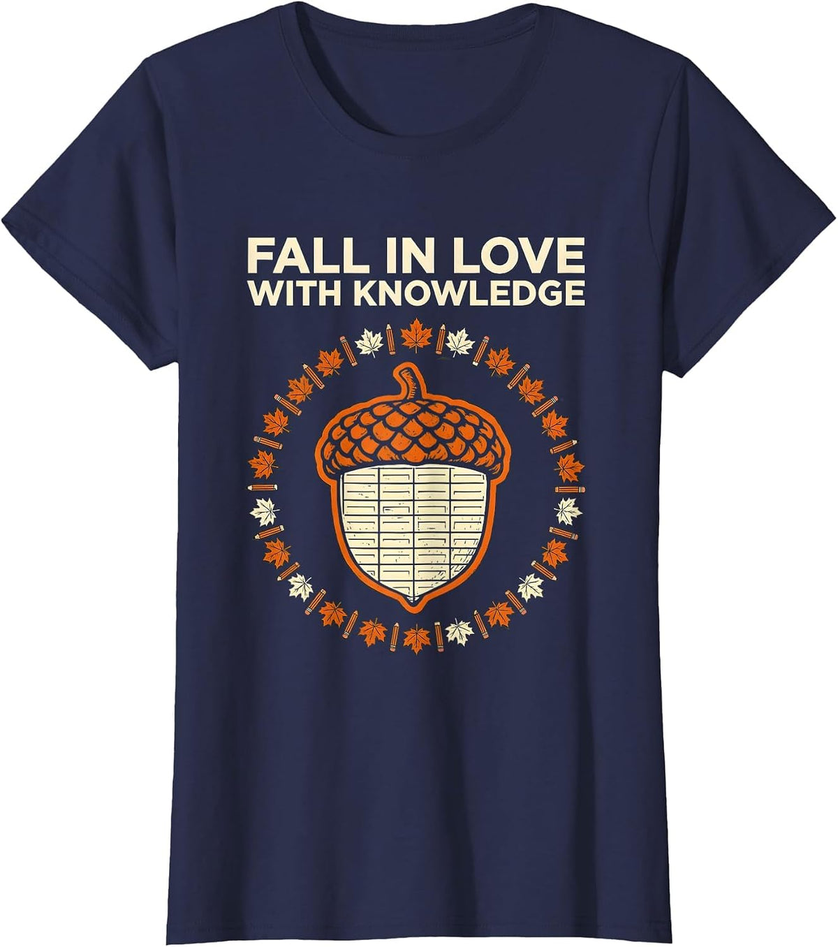Women's Fall In Love With Knowledge Retro Teacher Autumn Halloween T-Shirt - Navy Blue