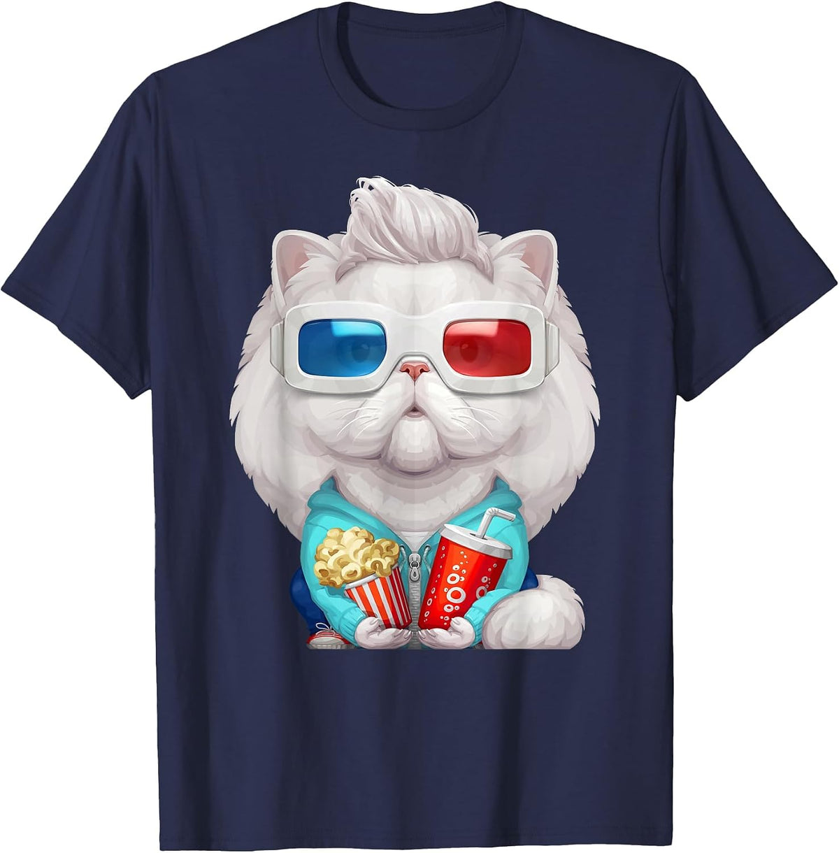 White Persian Cat Wearing 3D Glasses T-Shirt T-Shirt - Navy Blue
