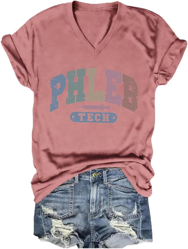 Phlebotomy Shirt Womens V-Neck Phleb Tech Tshirt Graphic Summer Tees Phlebotomist Nurse Life T Shirt Work Sayings - Pink