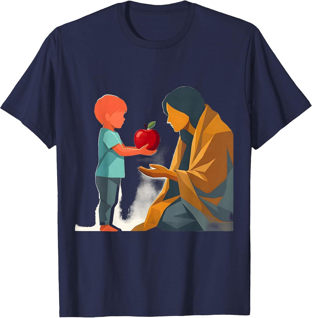 Kindness Illustration Child Offering Apple Design T-Shirt - Navy Blue