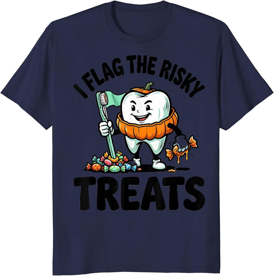 I Flag The Risky Treats Funny Dentist Halloween Dental Pun T-Shirt - Navy Blue