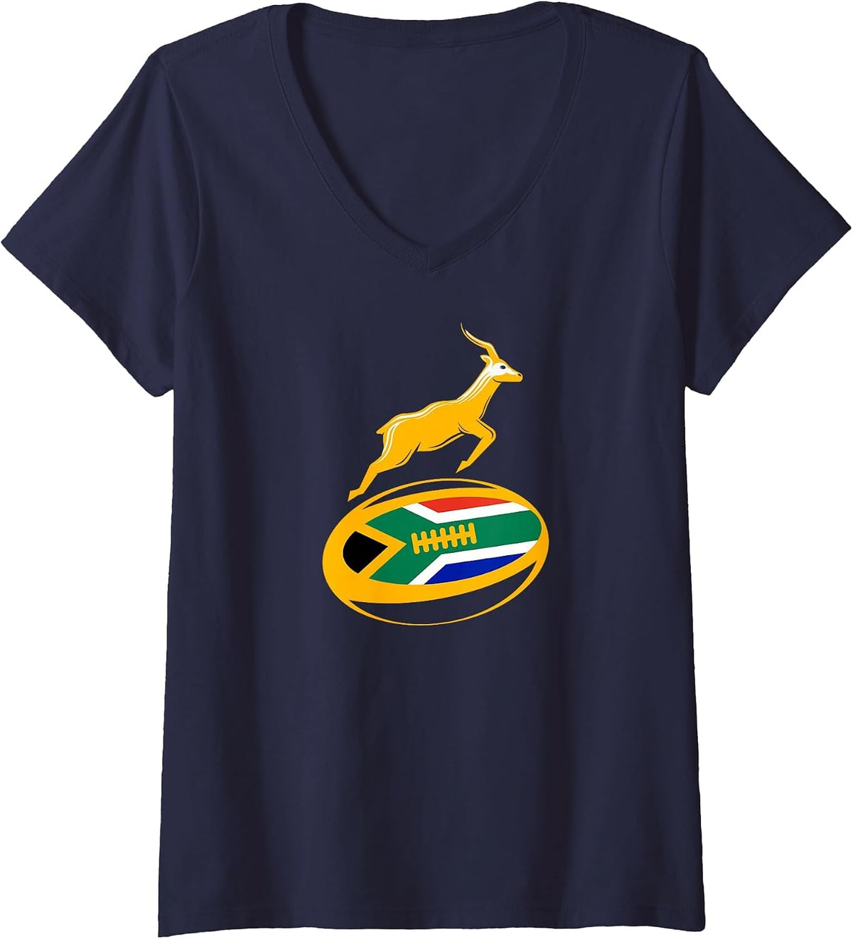 Women's Springbok Rugby Ball & South African Flag. Men, Women & Kids V-Neck T-Shirt - Navy Blue