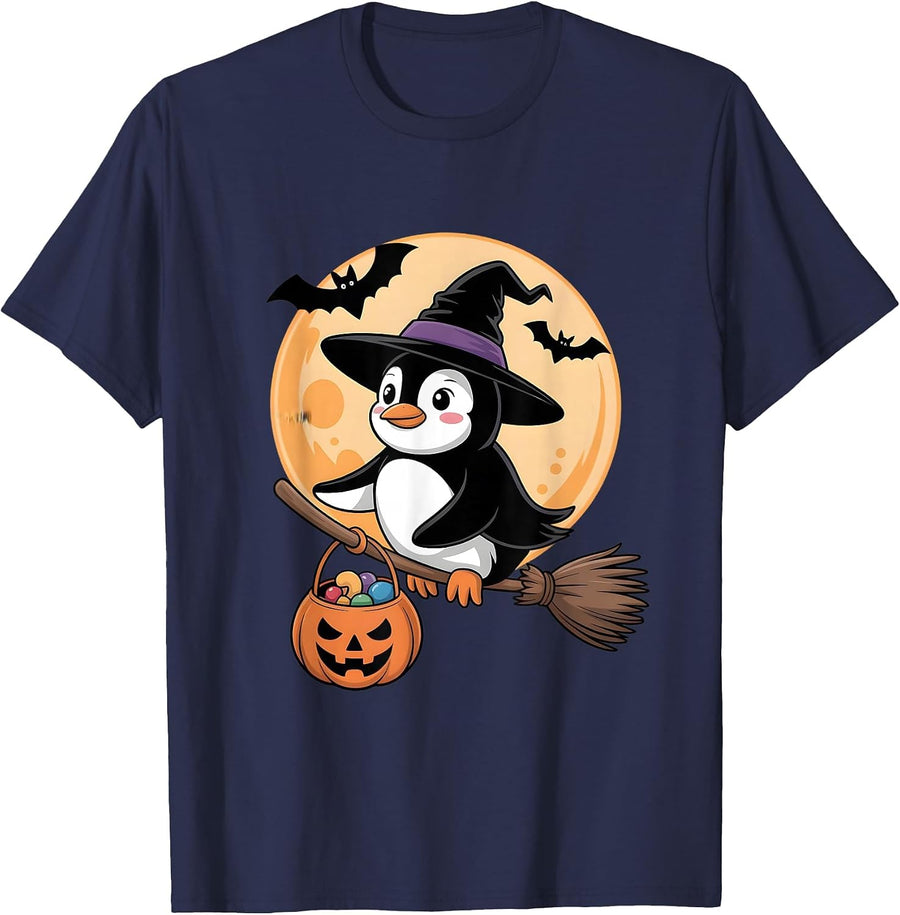 Penguin Witch Hat Pumpkin Halloween Costume Men Women Kids T-Shirt - Navy Blue