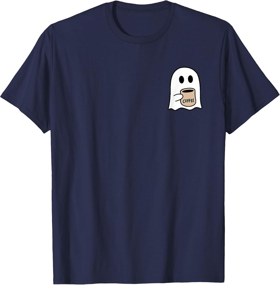 Ghost Drinking Coffee Funny Halloween Costume Coffee Lover T-Shirt - Navy Blue