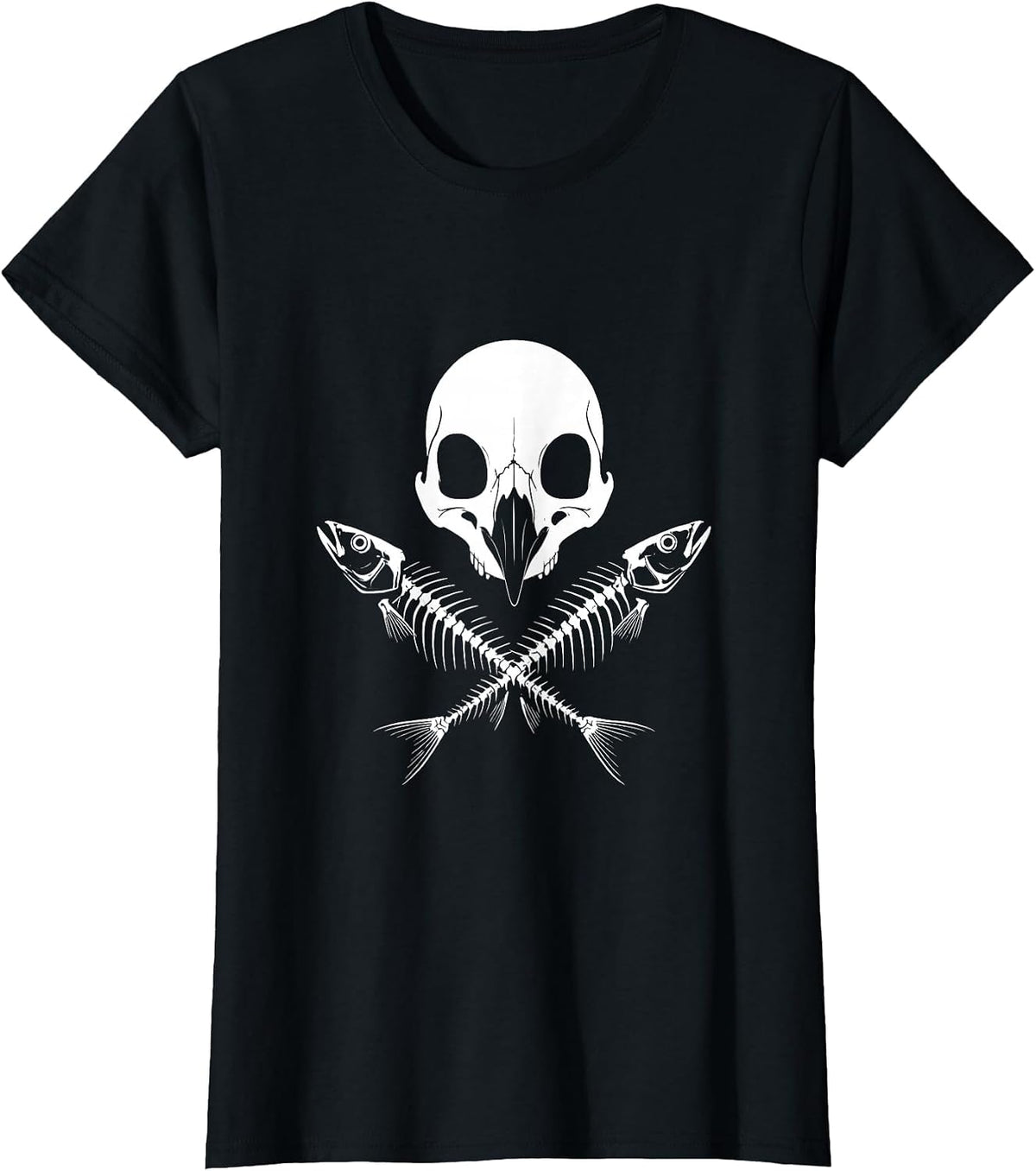 Penguin Skull Crossed Fish Bones Dark Art Design T-Shirt - Black