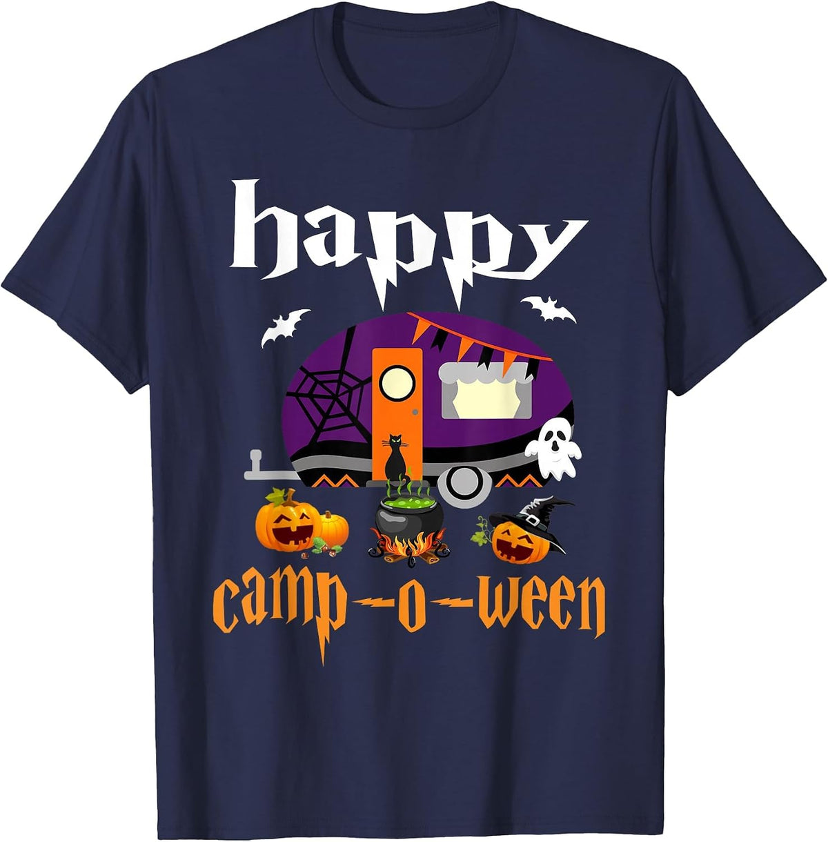 Happy Camp-O-Ween Halloween Camping Camper T-Shirt - Navy Blue