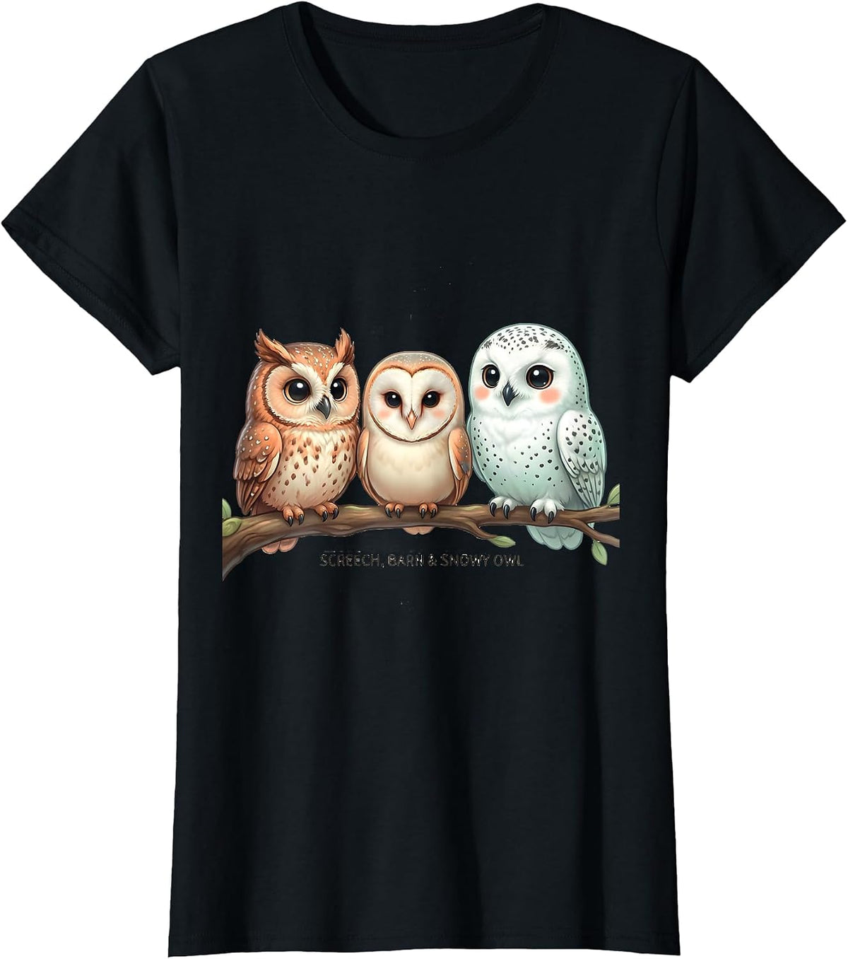 Screech, Barn & Snowy Owl Cute Kawaii Owl Lover Bird T-Shirt - Black