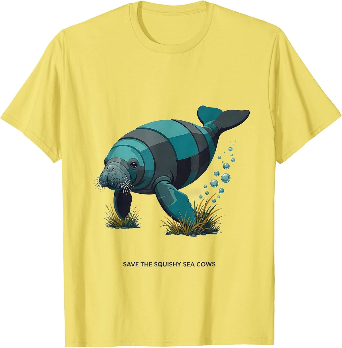 Men's Save The Squishy Sea Cows Midcentury Modern Manatee Lover T-Shirt - Lemon Yellow