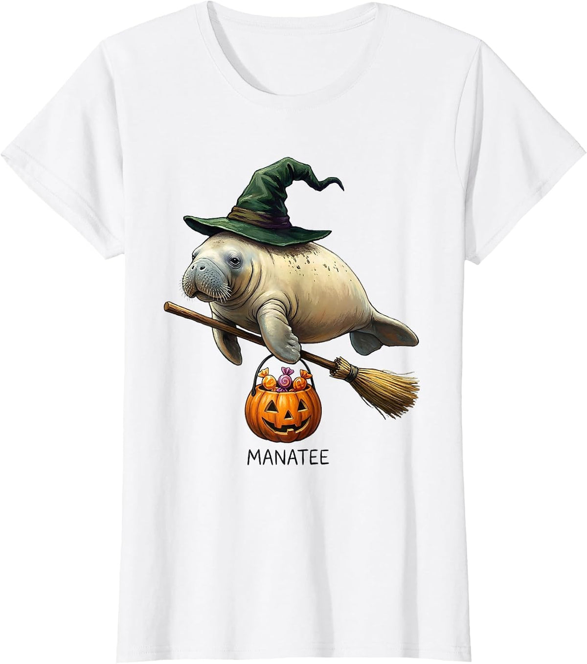 Women's Manatee Whimsical Storybook Halloween Witch Hat Animal T-Shirt - White