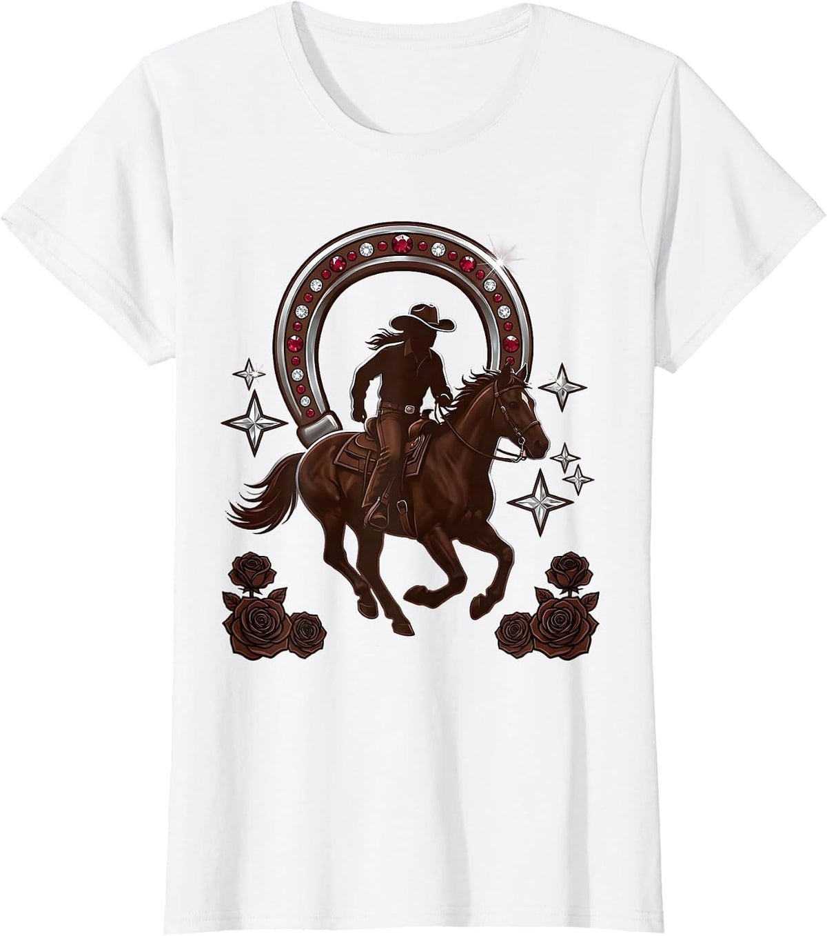 Texas Cowboy Silhouette Riding Horse at Sunset T-Shirt - White