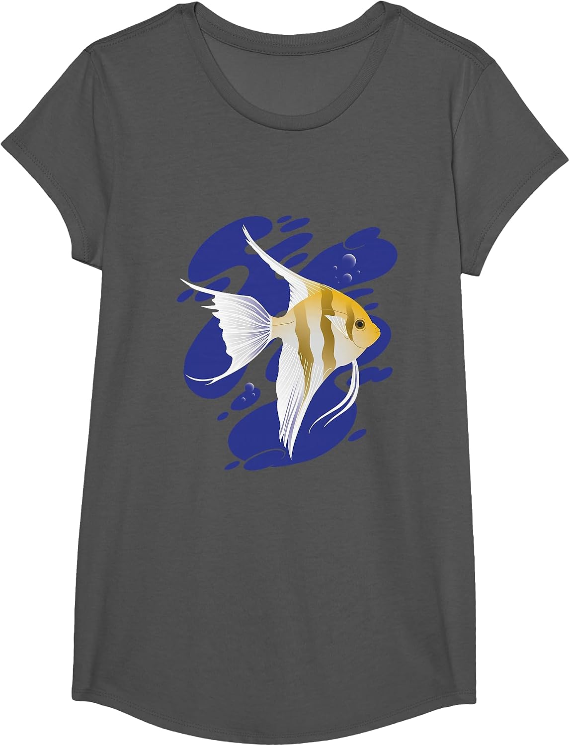 Cool Graphic Angel Fish Swimming Design T-Shirt - Girls Asphalt Grey