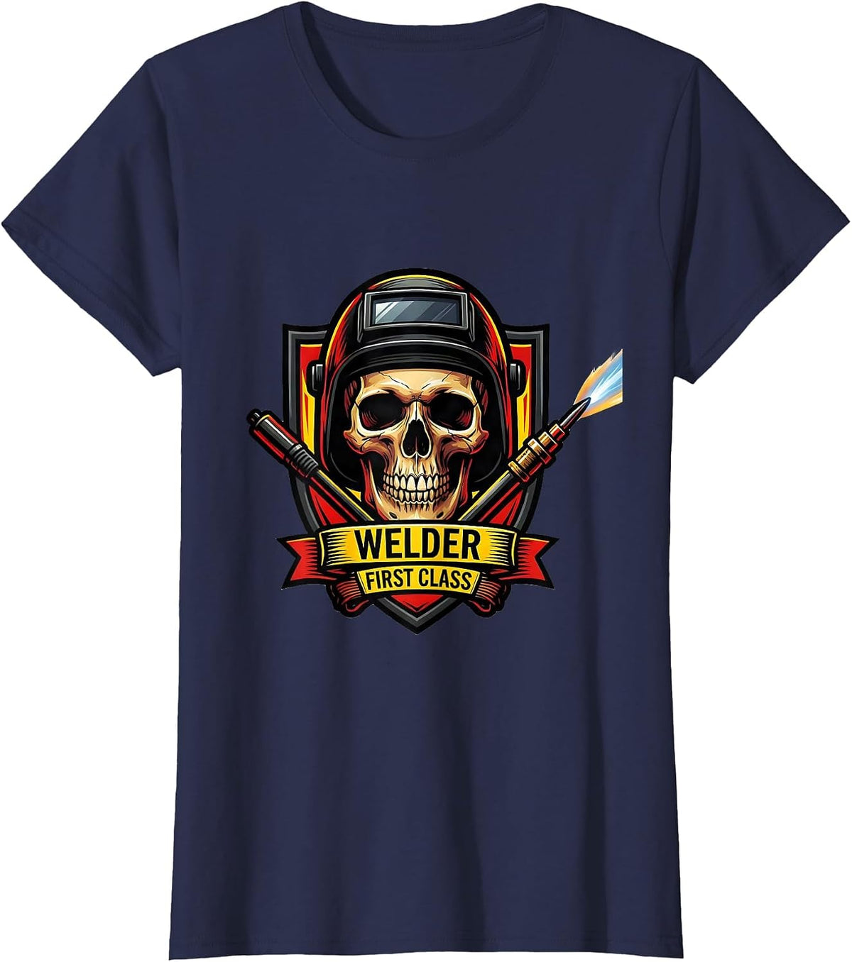 Women's Welder, First Class Tattoo Skeleton Humor Tradesman Gift T-Shirt - Navy Blue