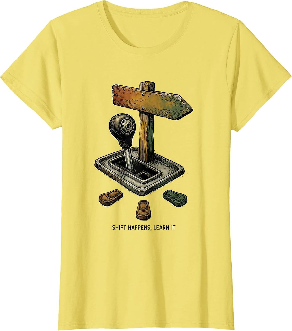 Shift Happens, Learn It Manual Transmission Car Guy Humor T-Shirt - Lemon Yellow