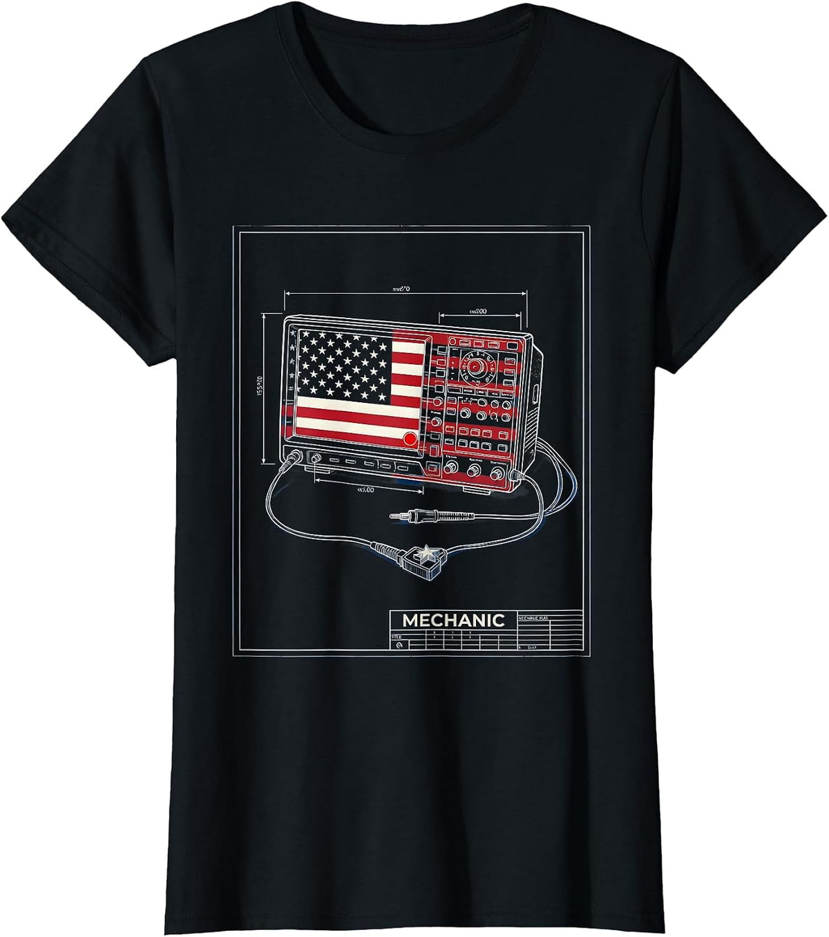 Mechanic Technical Blueprint American Flag Oilfield Worker T-Shirt - Black
