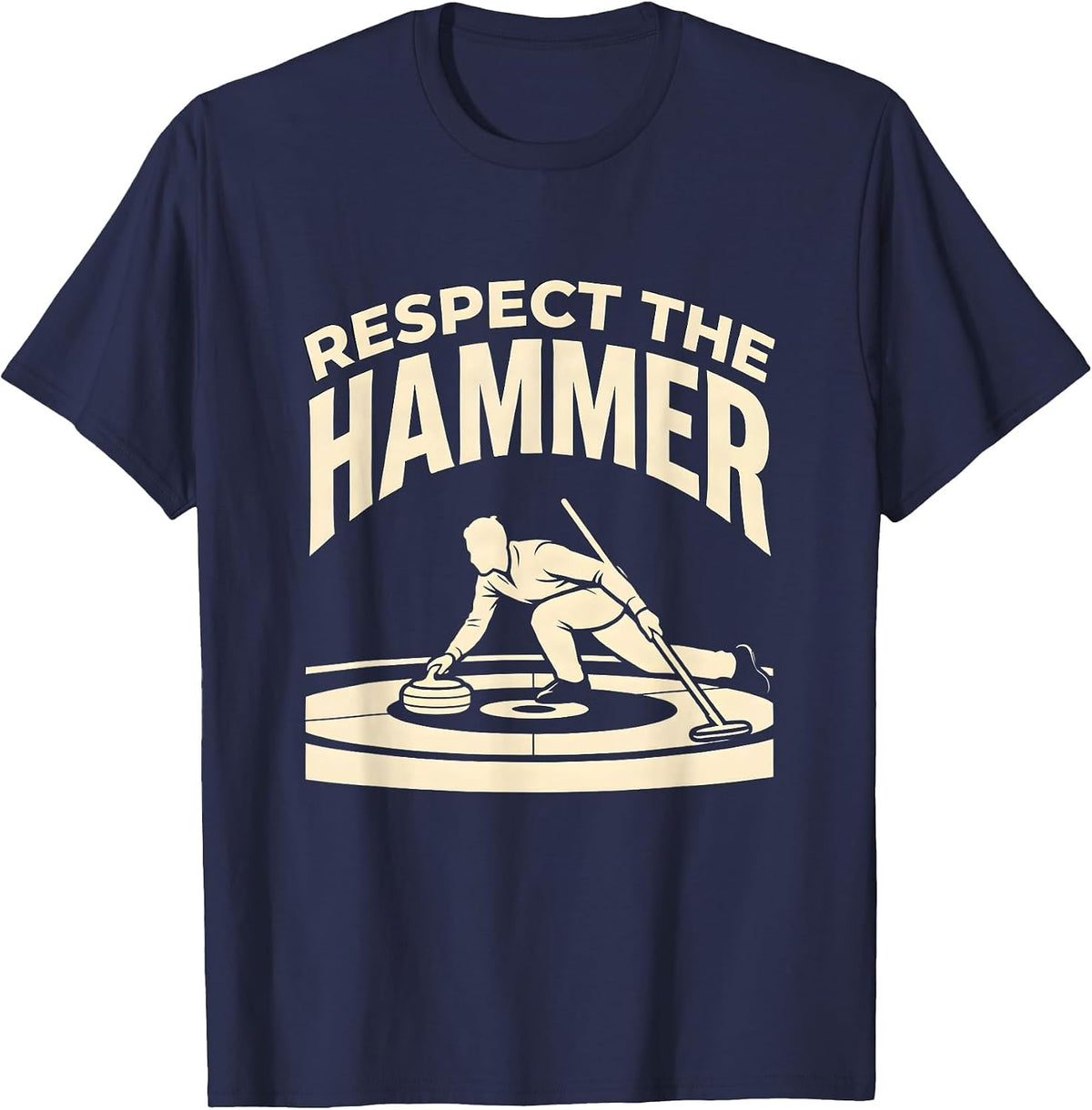 Men's Respect The Hammer Curling Stone Player Vintage Retro Humor T-Shirt - Navy Blue