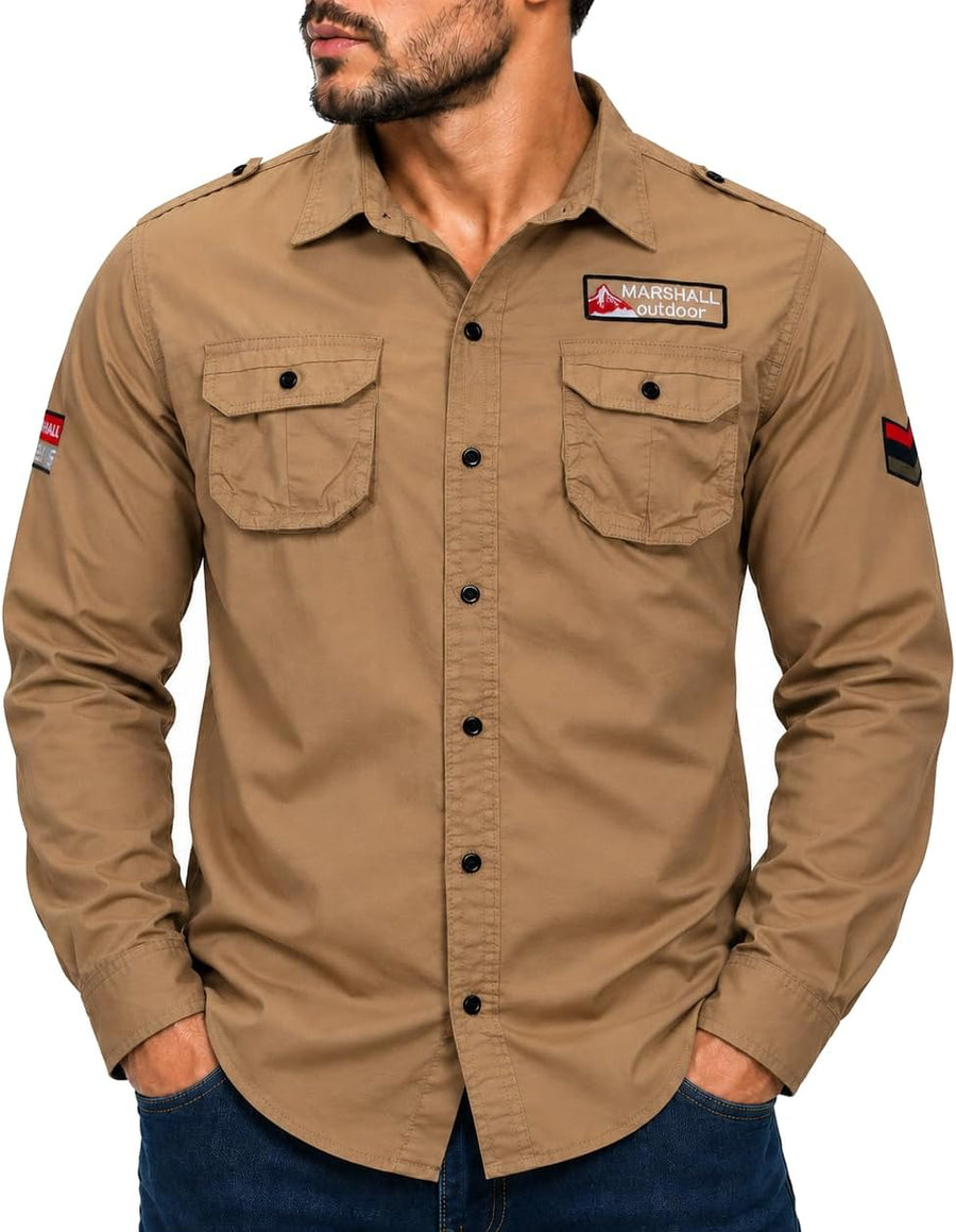 FREDD MARSHALL Men's Long Sleeve Cotton Military Work Shirt - #115 Khaki