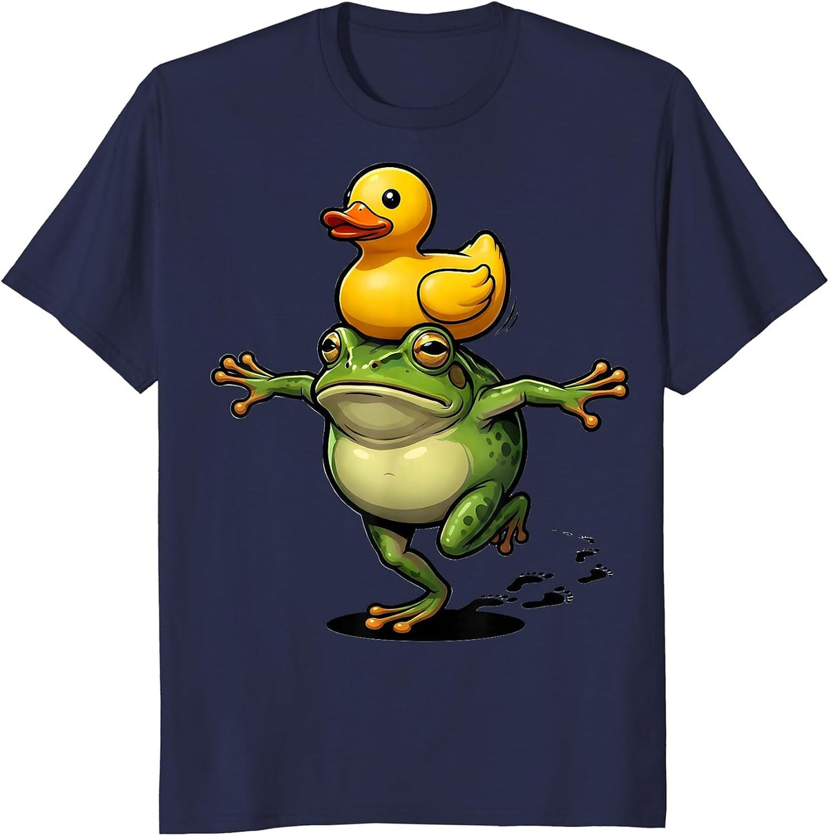 Solemn Frog With Rubber Duck Meme Humor T-Shirt - Navy Blue