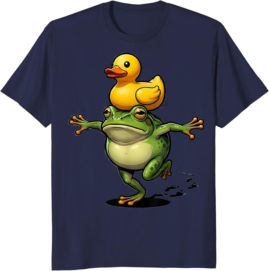 Solemn Frog With Rubber Duck Meme Humor T-Shirt - Navy Blue