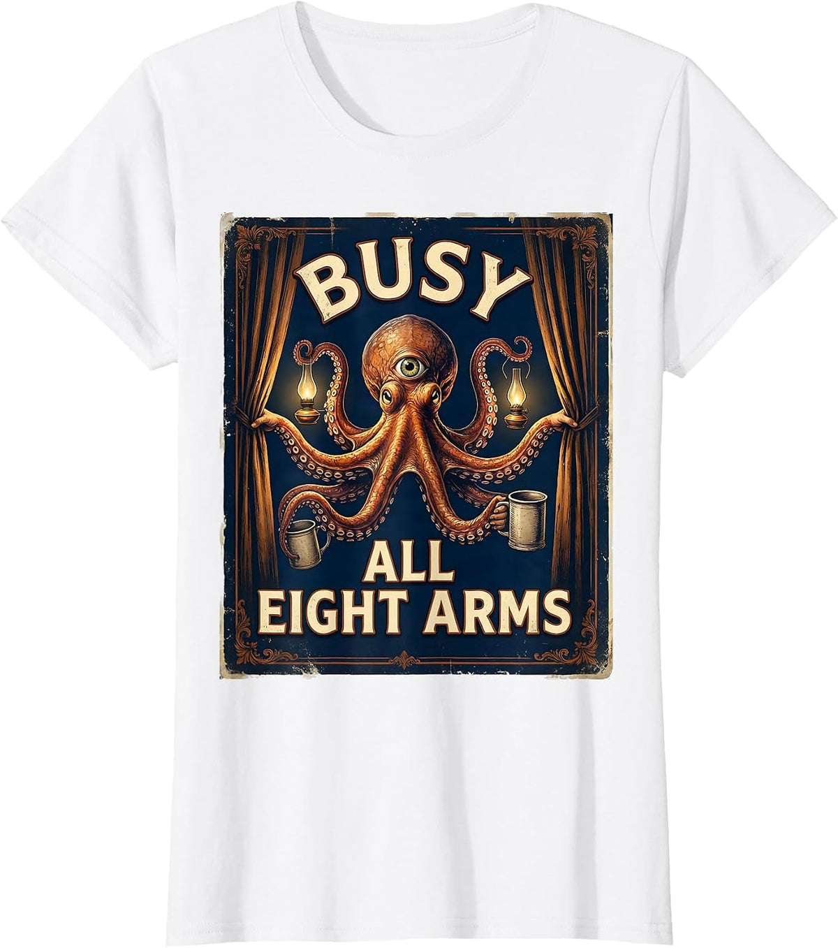 Busy, All Eight Arms Vintage Octopus Lover Ocean Animal Art T-Shirt - White