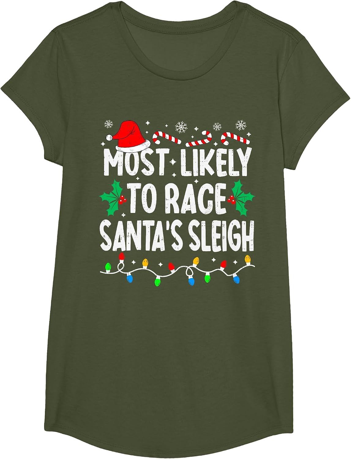 Most Likely to Race Santa's Sleigh Family Matching Christmas T-Shirt - Girls Olive Green